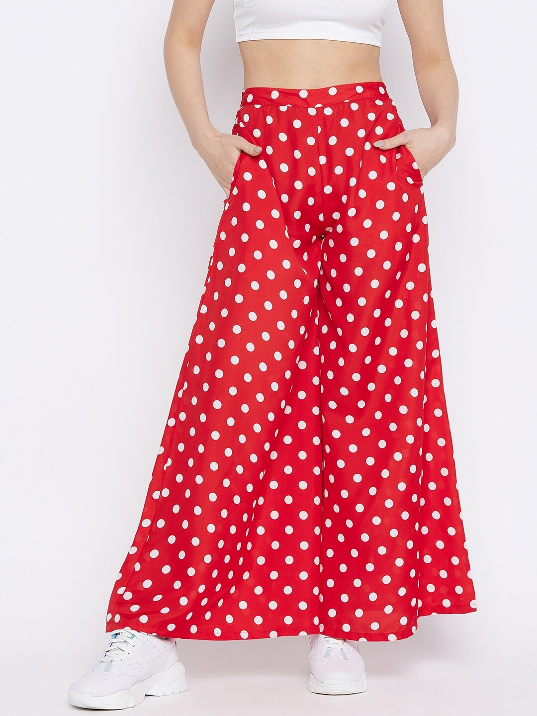 

HELLO DESIGN Women Red & White Polka dot Printed Flared Knitted Crepe Palazzos