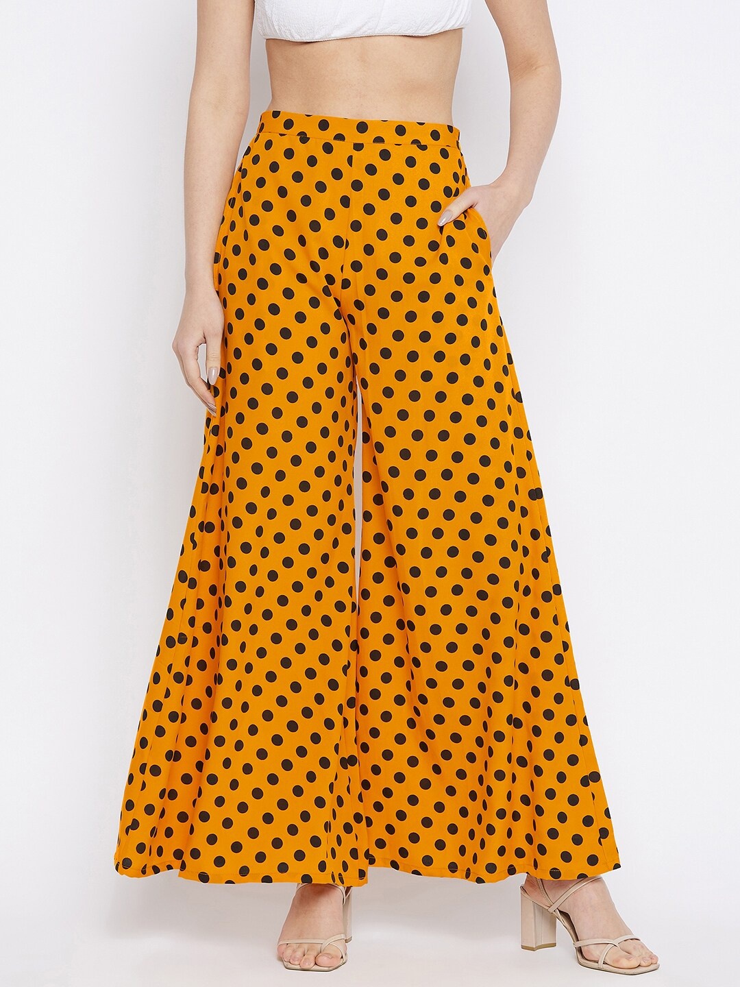 

HELLO DESIGN Women Mustard Yellow & Black Printed Flared Knitted Crepe Ethnic Palazzos