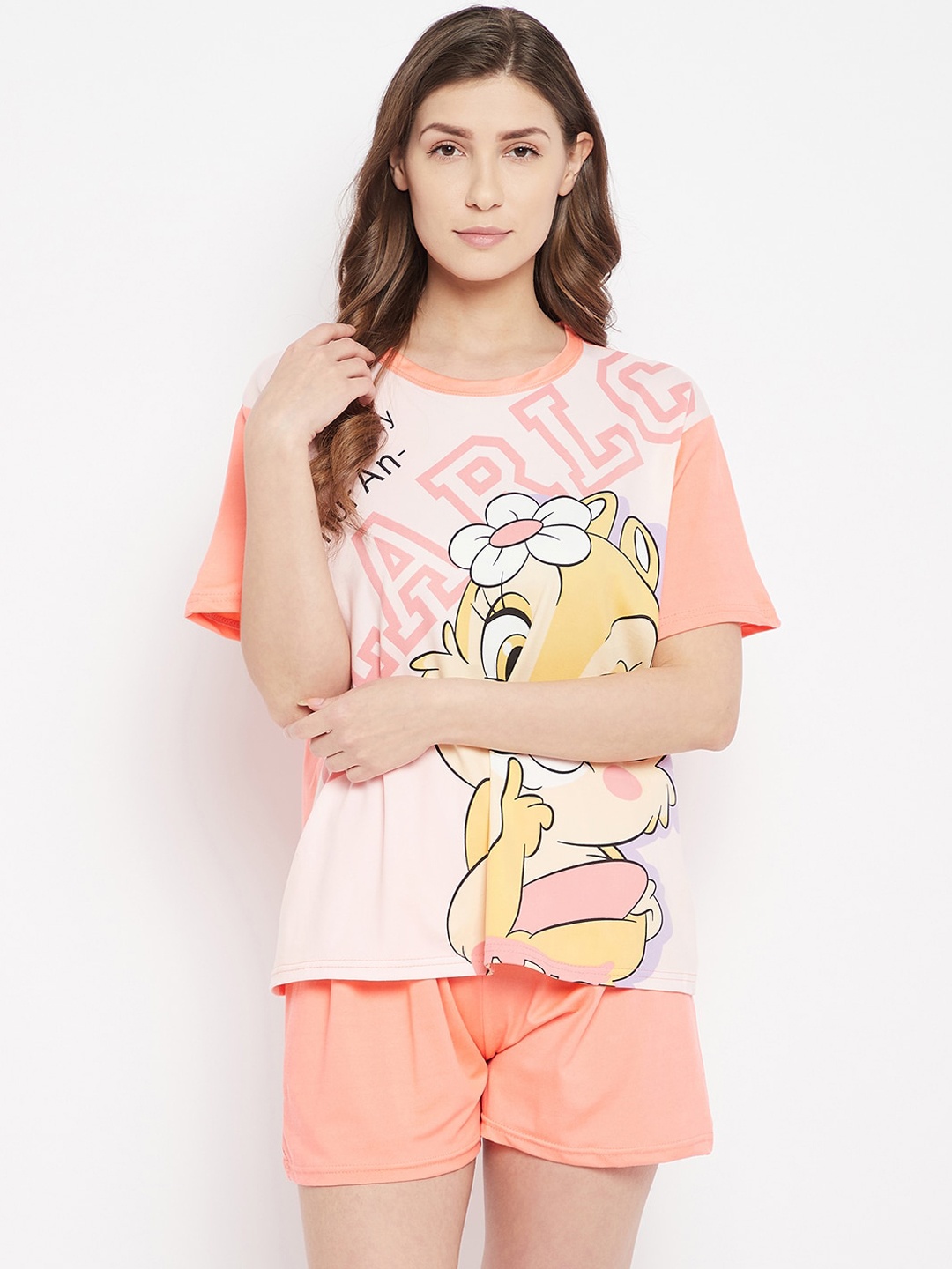 

Camey Women Peach-Coloured & Black Printed Night suit