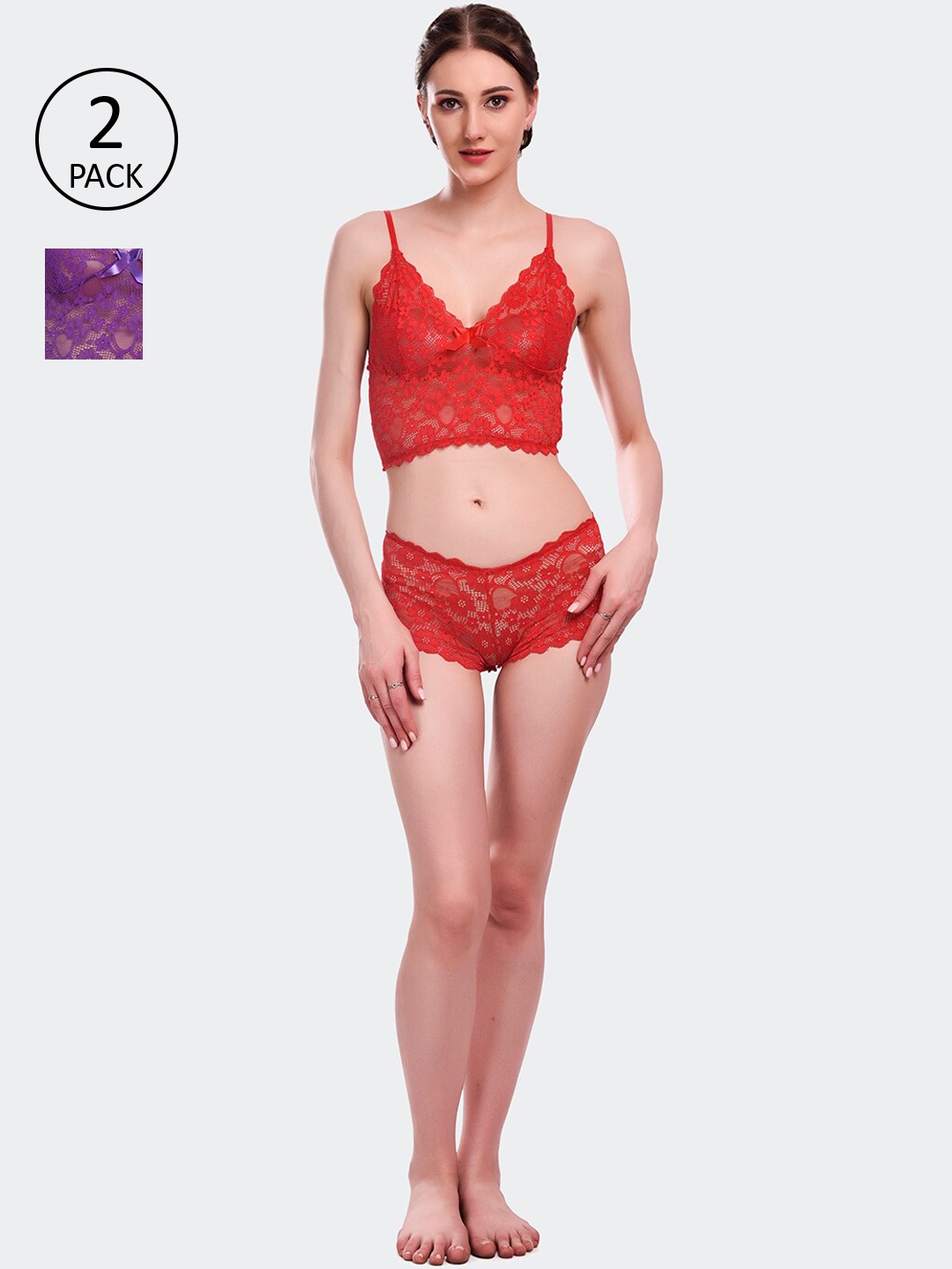 

Fleurt Women Pack Of 2 Lace Boy Shorts Lingerie Set, Purple