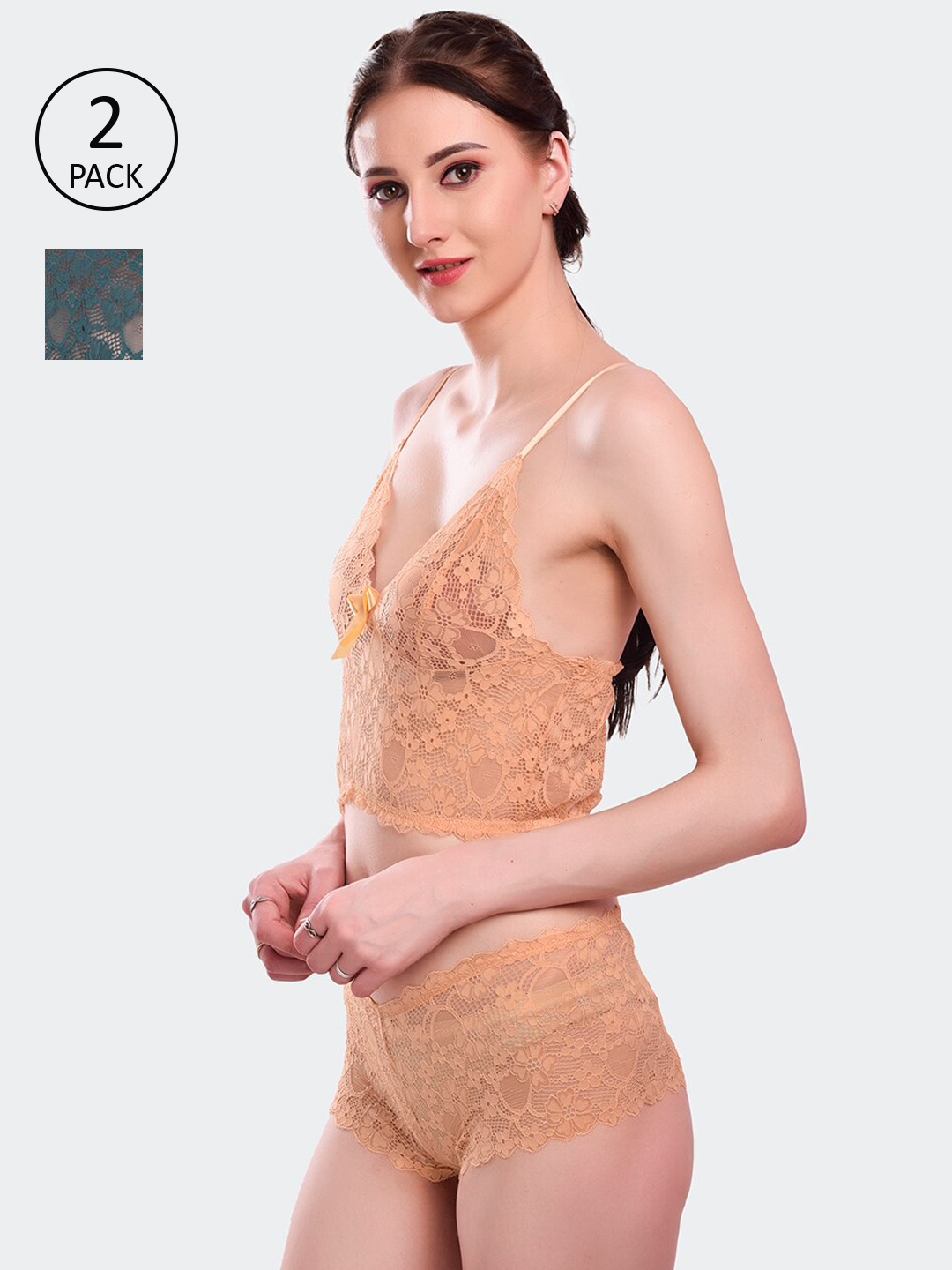 

Fleurt Women Pack of 2 Self design Lace Lingerie Set, Gold