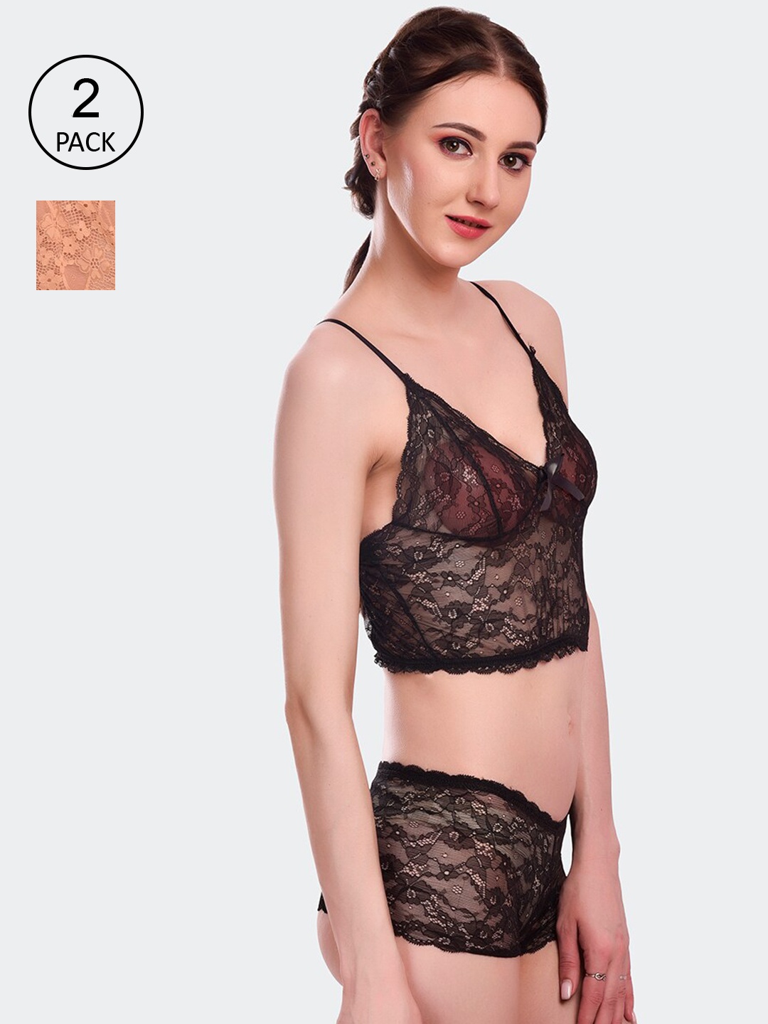 

Fleurt Women Set Of 2 Self-Design Lace Lingerie Set, Gold