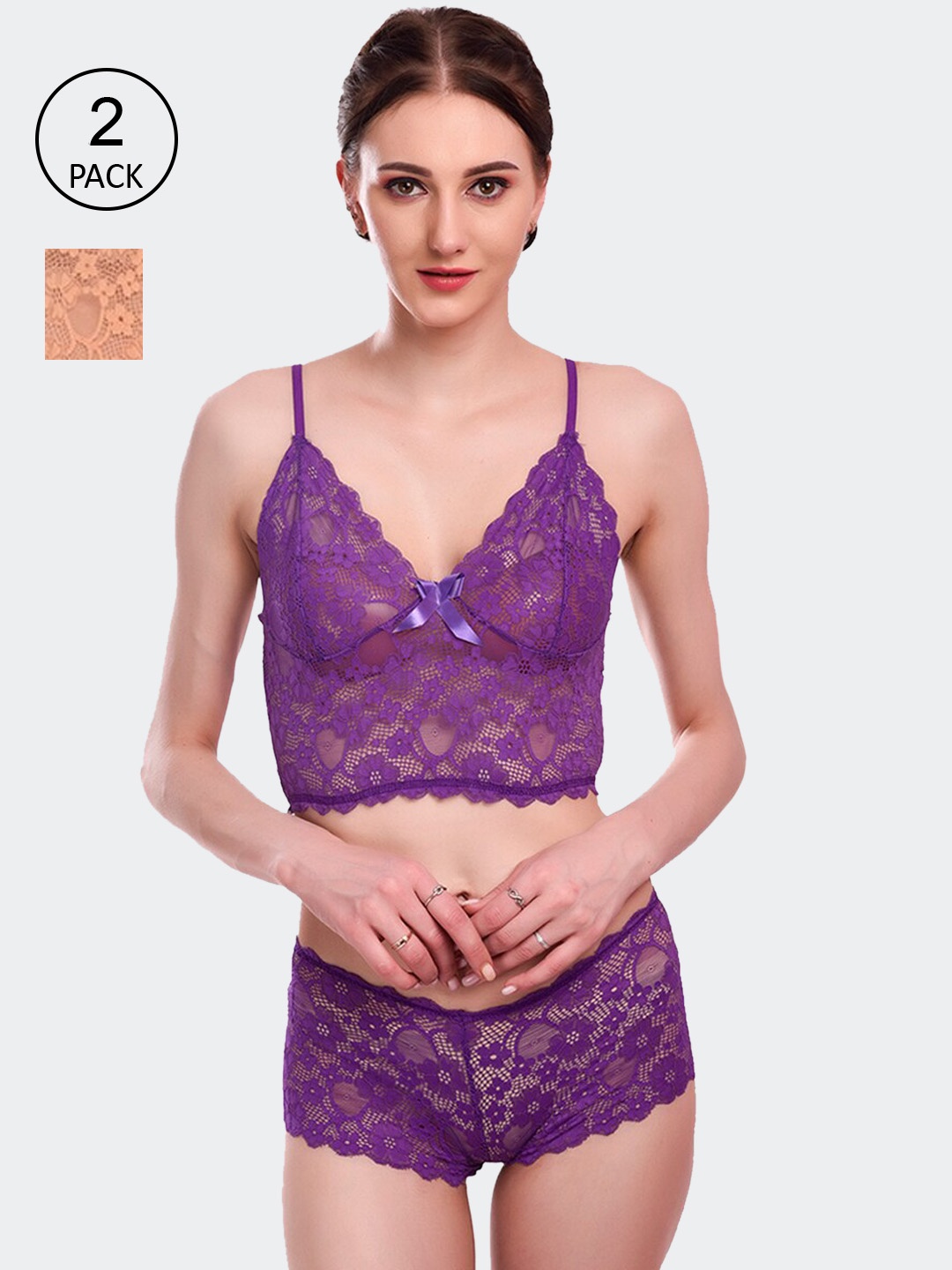 

Fleurt Women Pack of 2 Lace Boy Shorts Lingerie Set, Purple