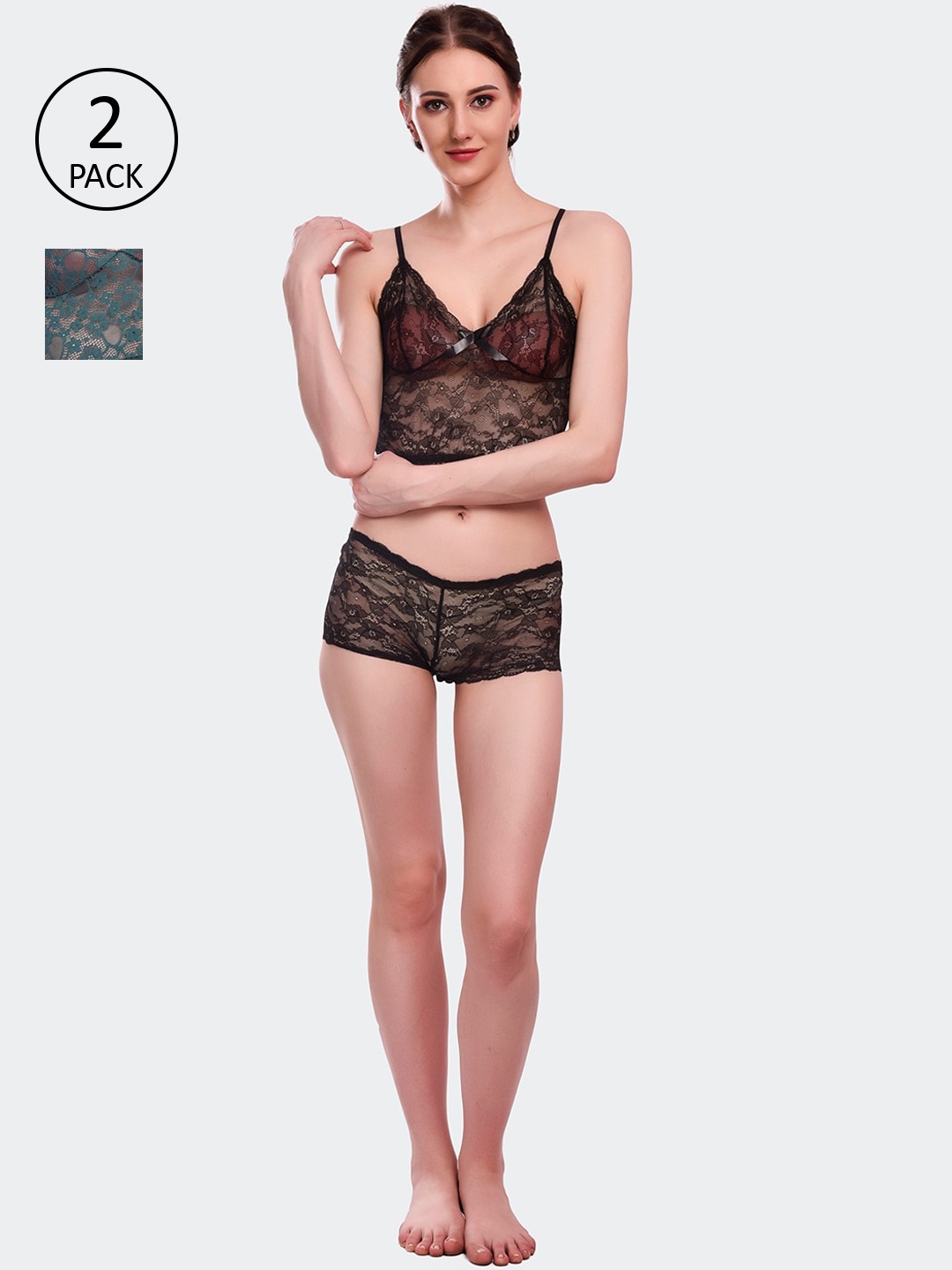 

Fleurt Pack of 2 Self-Design Lace Lingerie Set - Fleurt-Set-170-BK-GR/M, Black