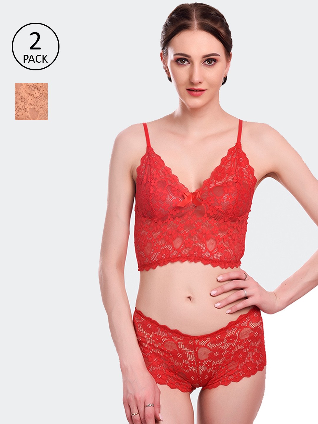 

Fleurt Women Pack Of 2 Laced Lingerie Set Fleurt-Set-170-GD-RD/M, Red