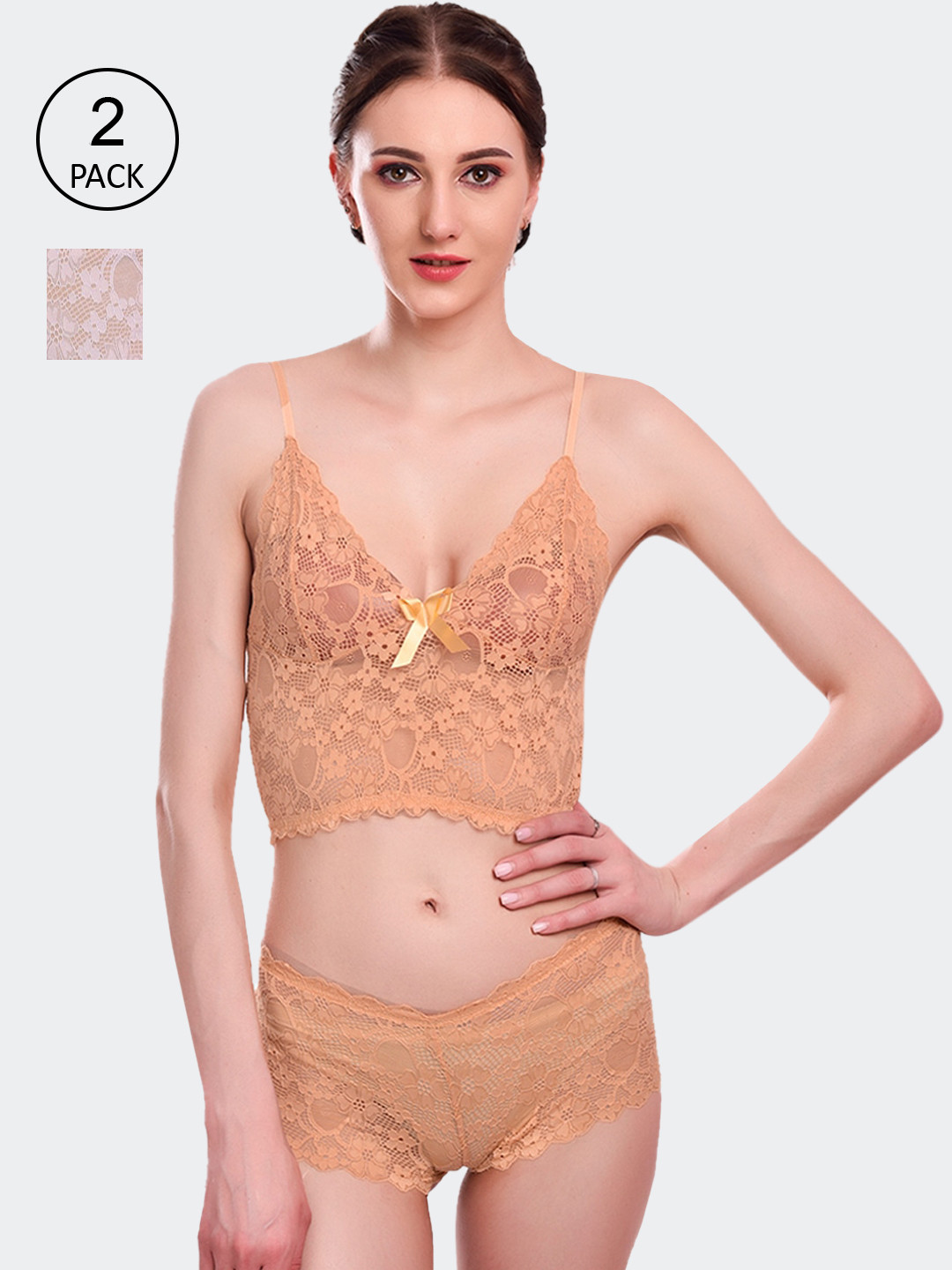 

Fleurt Women Pack of 2 Self Design Lingerie Set Fleurt-Set-170-GD-WH/M, Gold