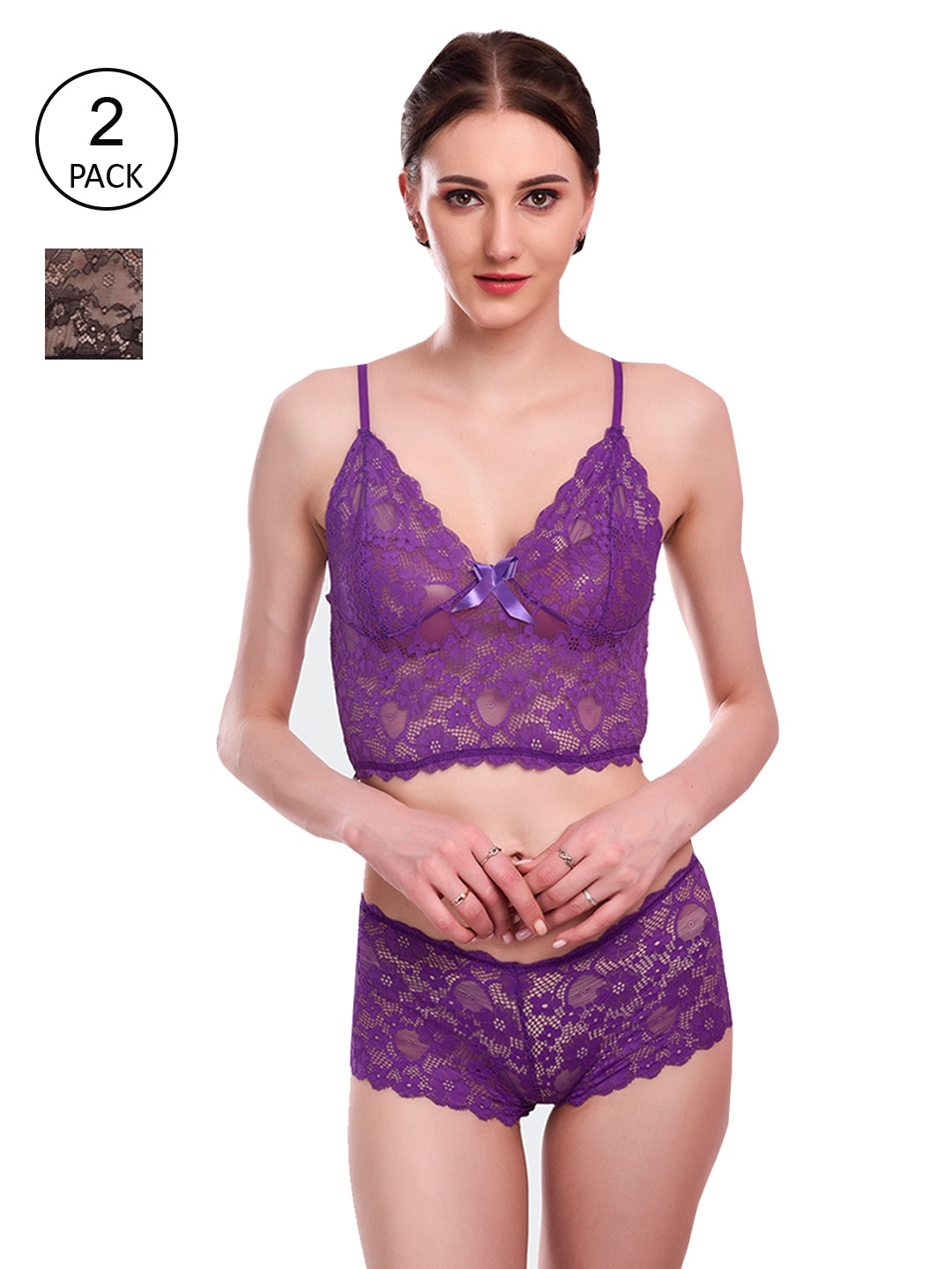 

Fleurt Women Pack Of 2 Self-Designed Lace Lingerie Set, Purple