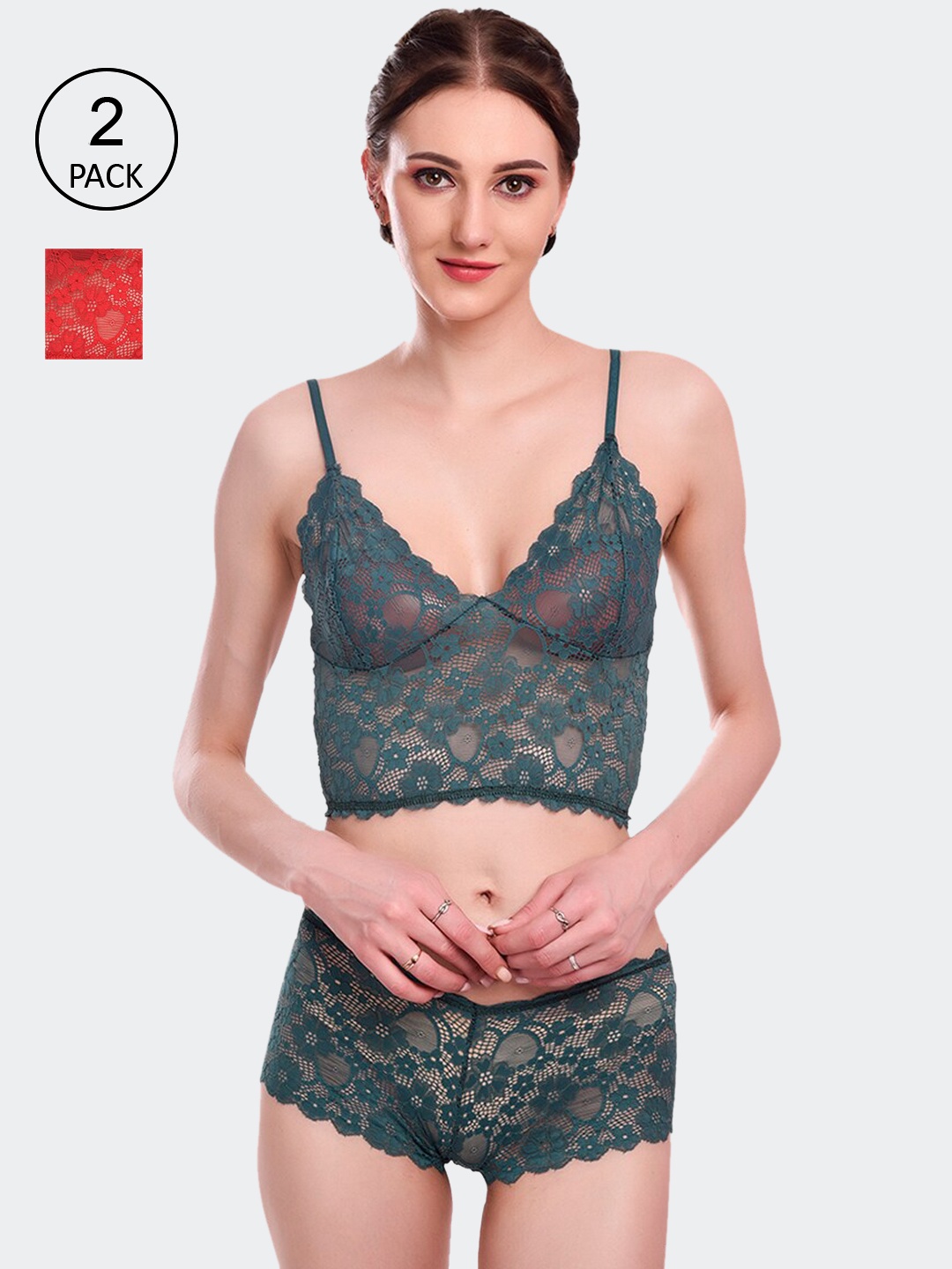 

Fleurt Women Pack of 2 Self Design Lingerie Set Fleurt-Set-170-GR-RD/M, Green