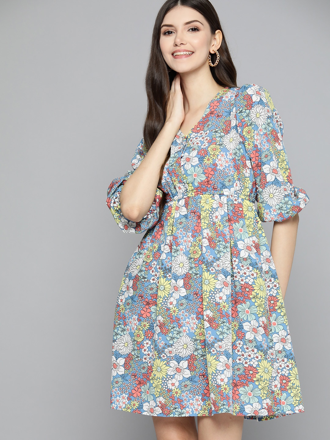 

Mast & Harbour Blue & Coral Orange Floral Puff Sleeves A-Line Dress