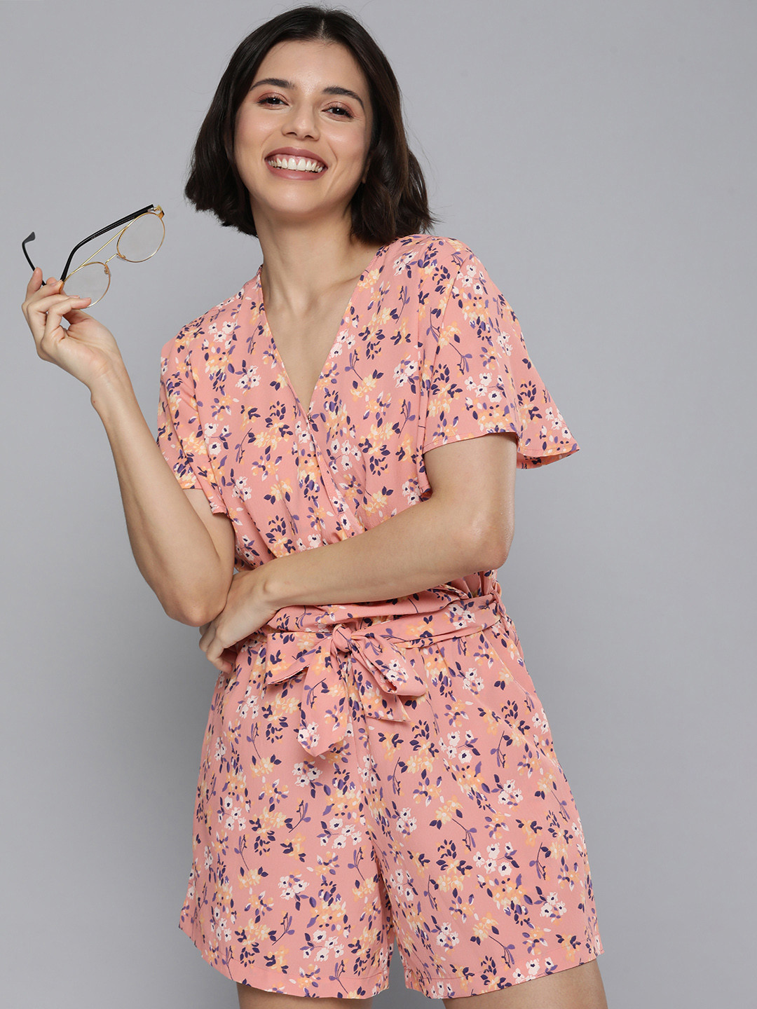 

Mast & Harbour Women Rose & Blue Printed Jumpsuit With Waist Tie-ups
