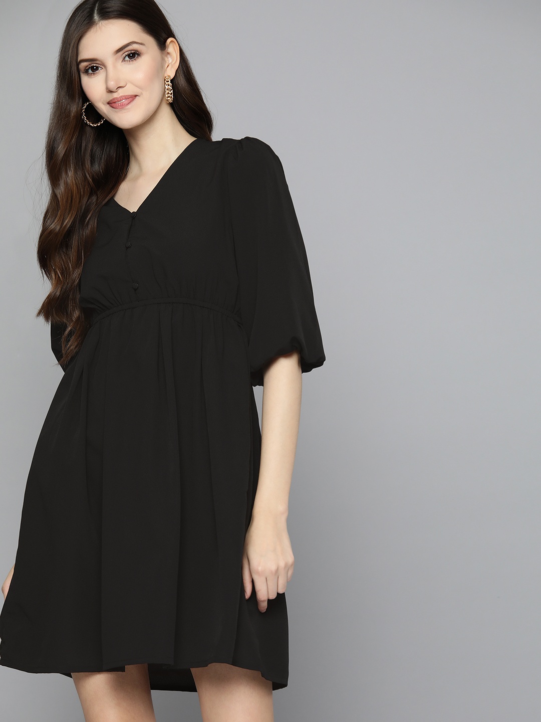 

Mast & Harbour Black Solid Puff Sleeves A-Line Dress