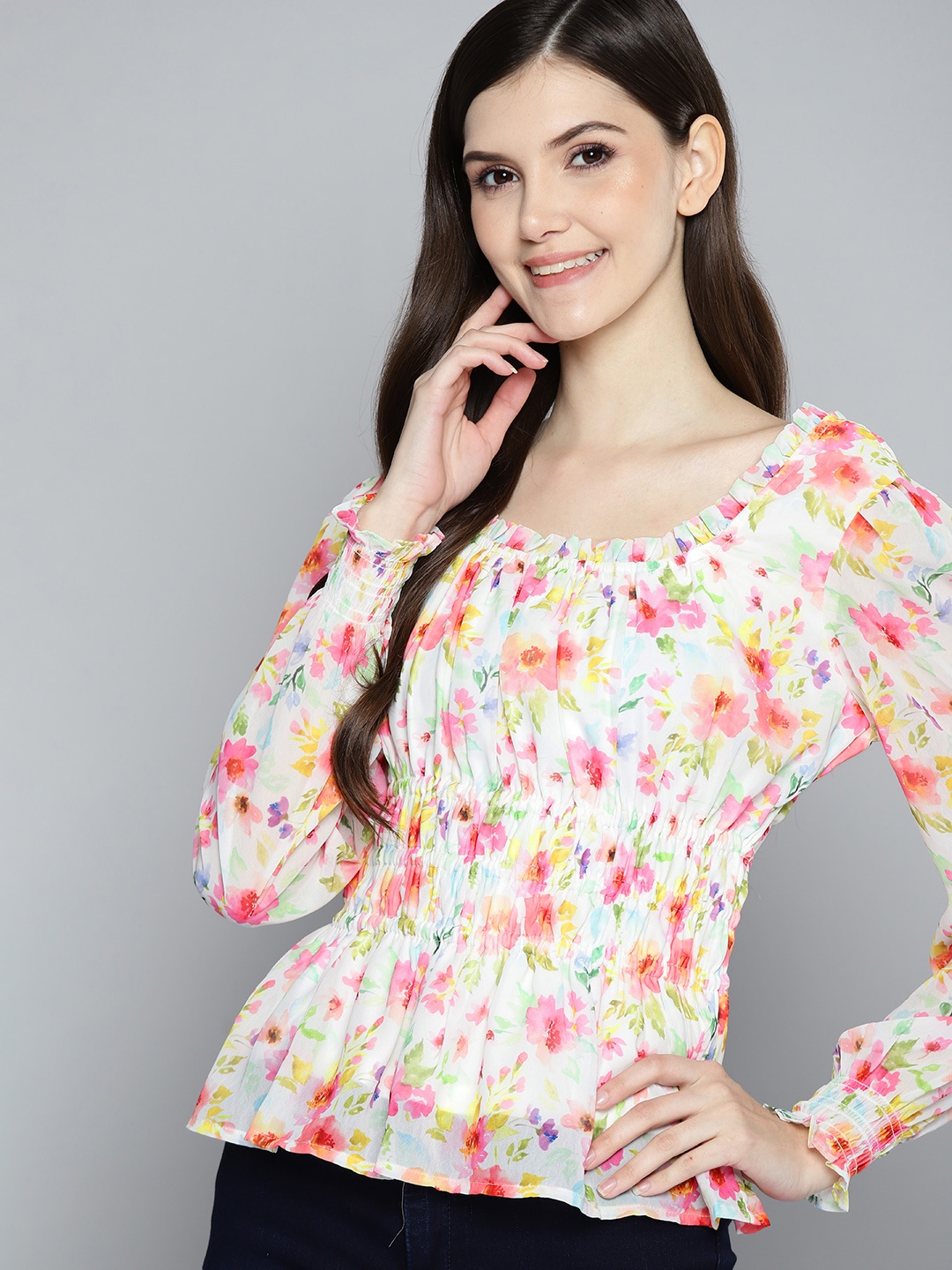 

Mast & Harbour White & Pink Floral Print Smocked Top