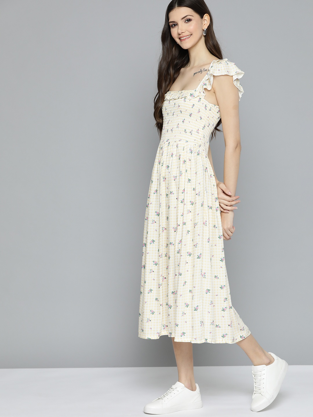 

Mast & Harbour Yellow & White Floral Checked A-Line Dress