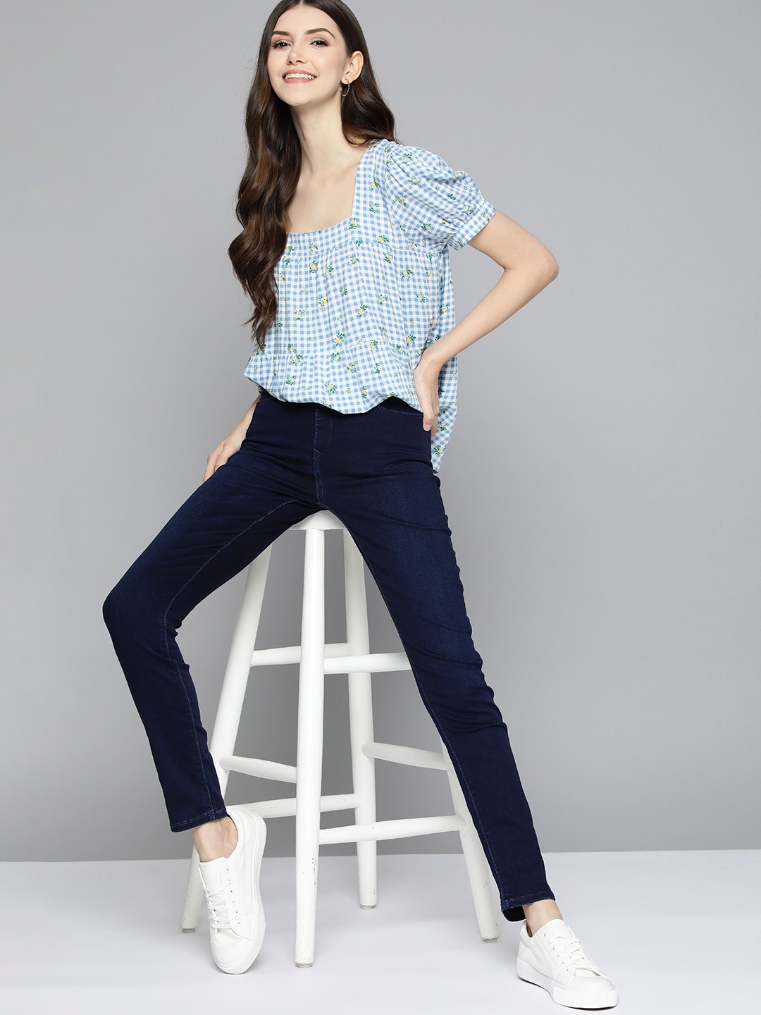 

Mast & Harbour Blue & White Square Neck Checked Top