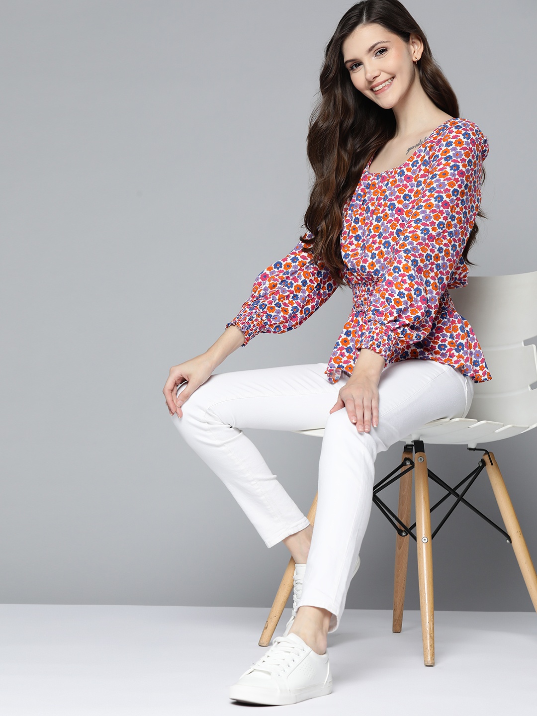 

Mast & Harbour Women White & Pink Floral Print Cinched Waist Top