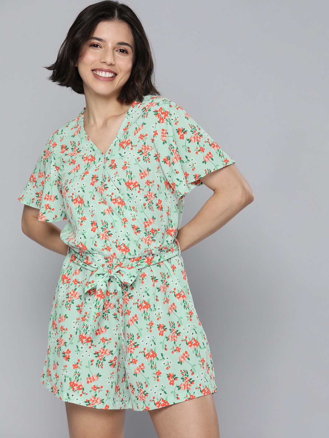 

Mast & Harbour Women Light Green & Orange Printed Jumpsuit With Waist Tie-ups