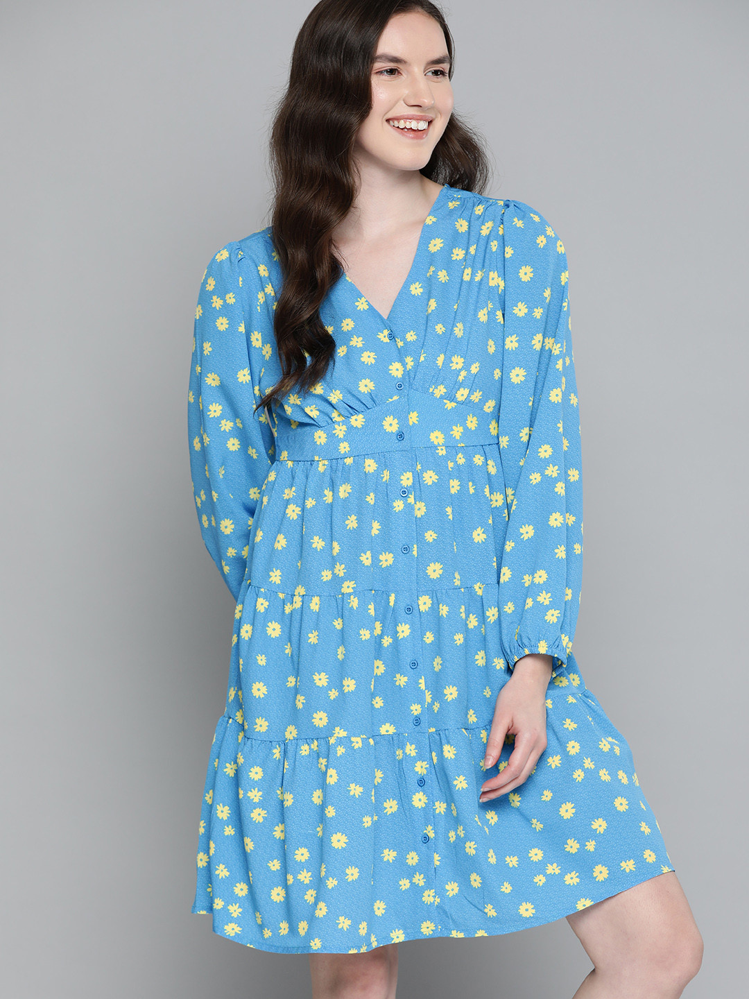 

Mast & Harbour Floral Printed V-Neck A-Line Tiered Dress, Blue