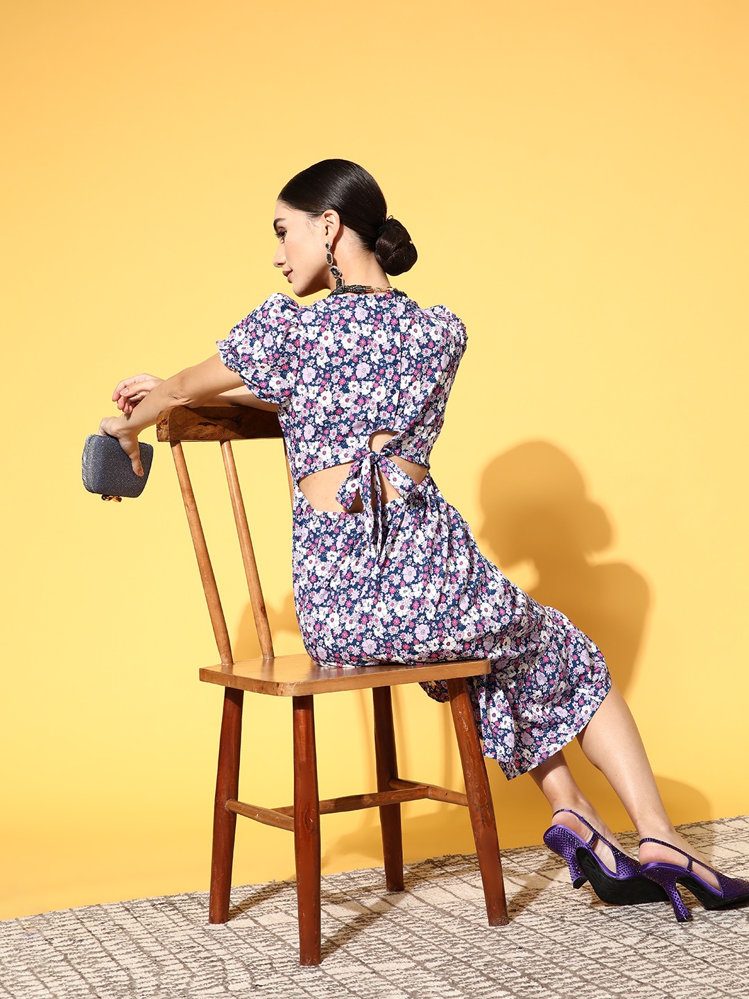 

Mast & Harbour Women Navy Blue Floral Cut Out Dress