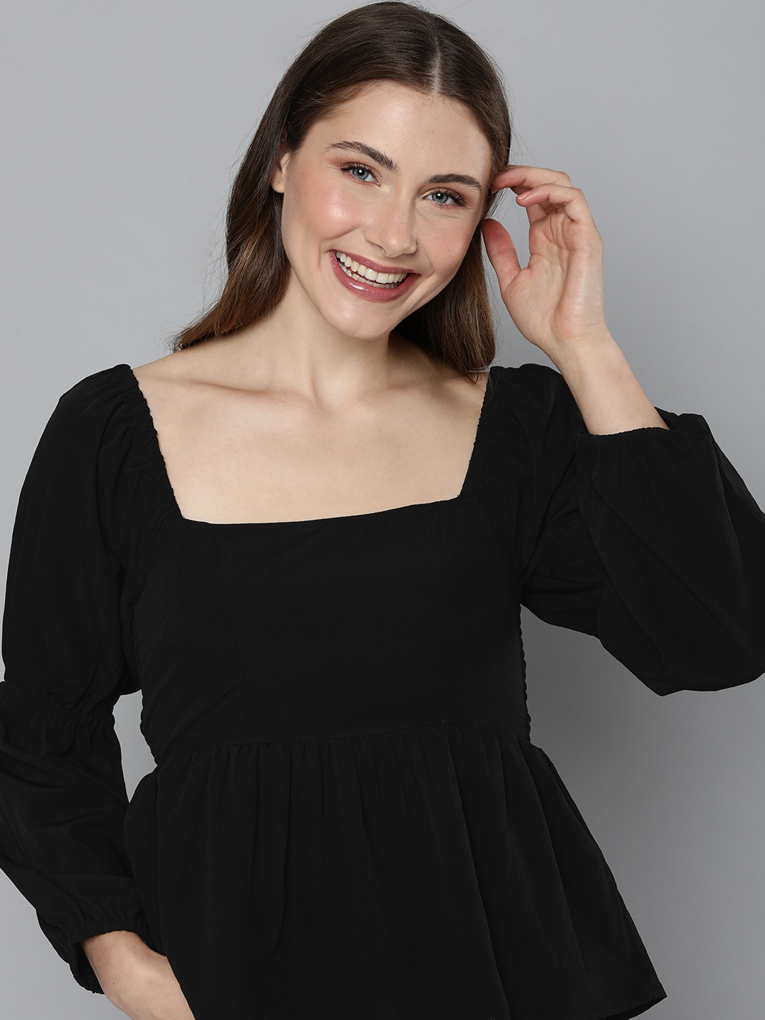 

Mast & Harbour Square Neck Smocked Peplum Top, Black