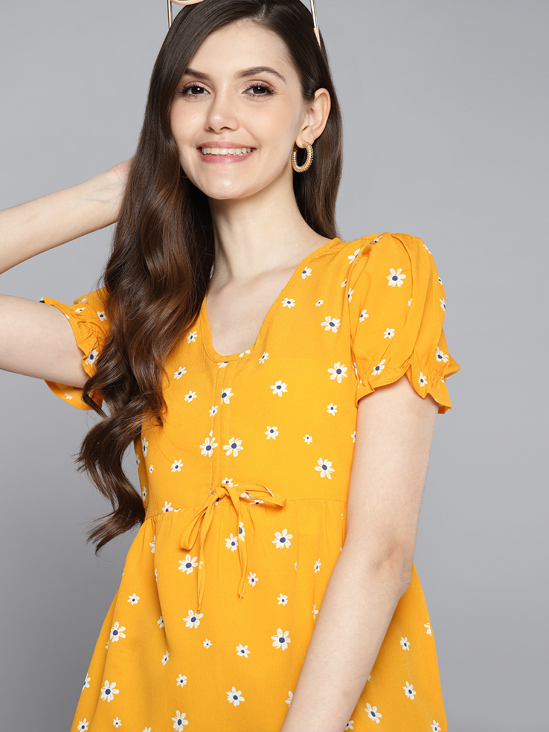 

Mast & Harbour Mustard Yellow & White Floral Print A-line Top