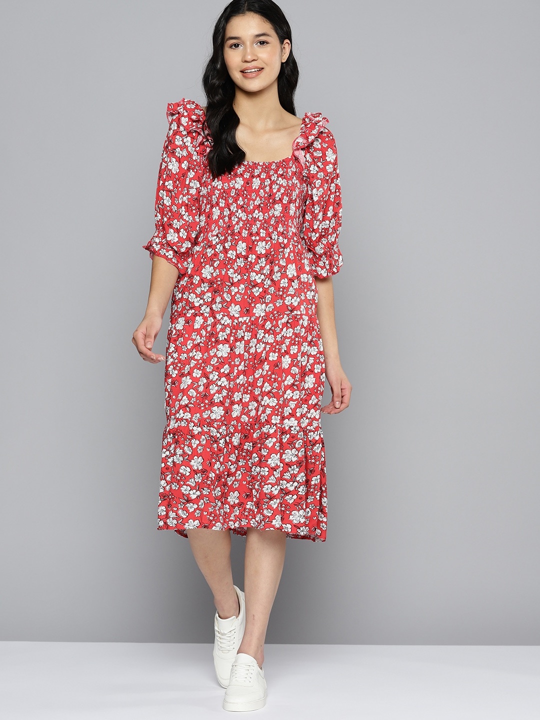 

Mast & Harbour Women Floral Print Tiered A-Line Midi Dress, Red