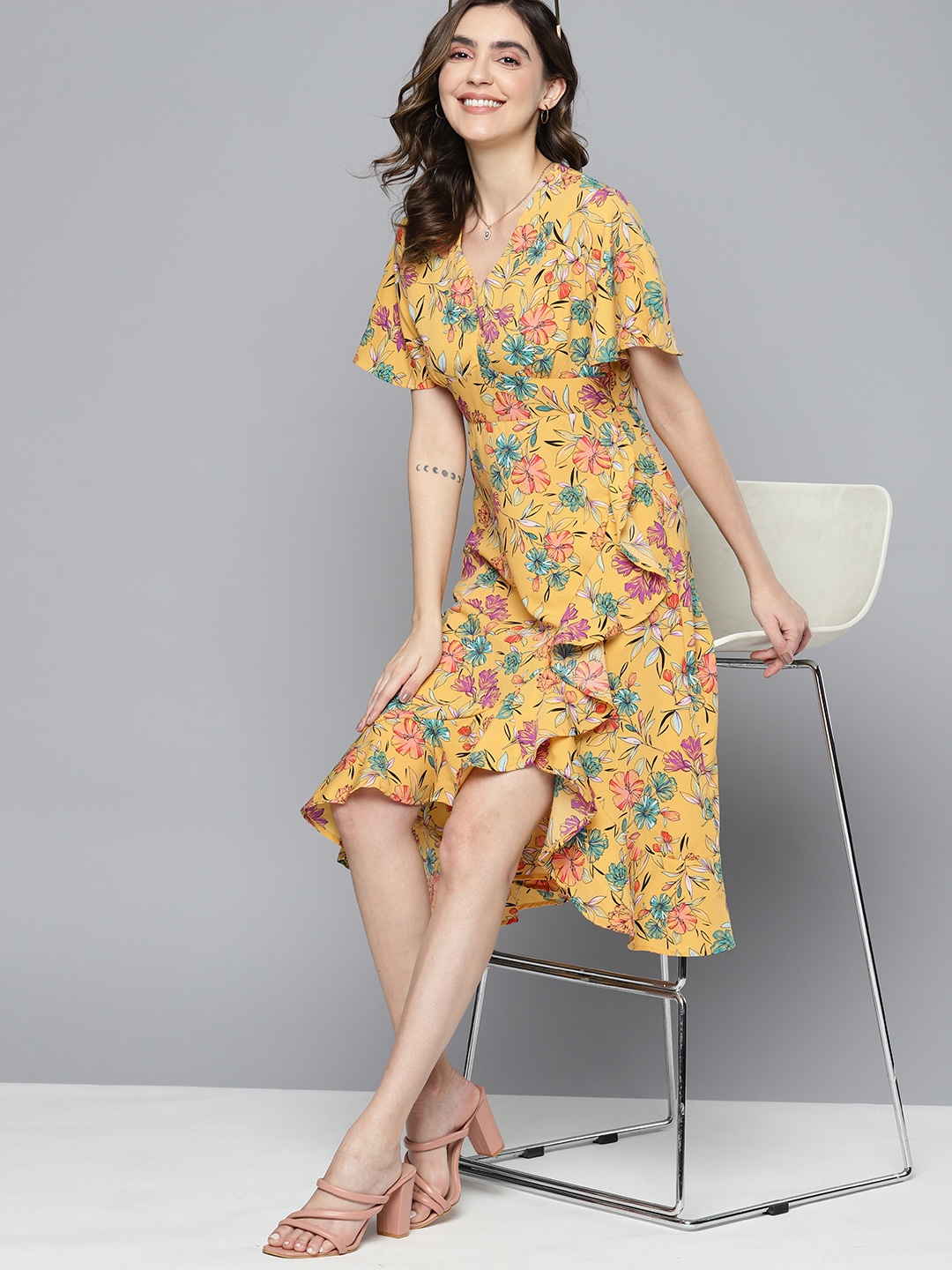 

Mast & Harbour Floral Ruffle Detail A-Line Dress, Yellow