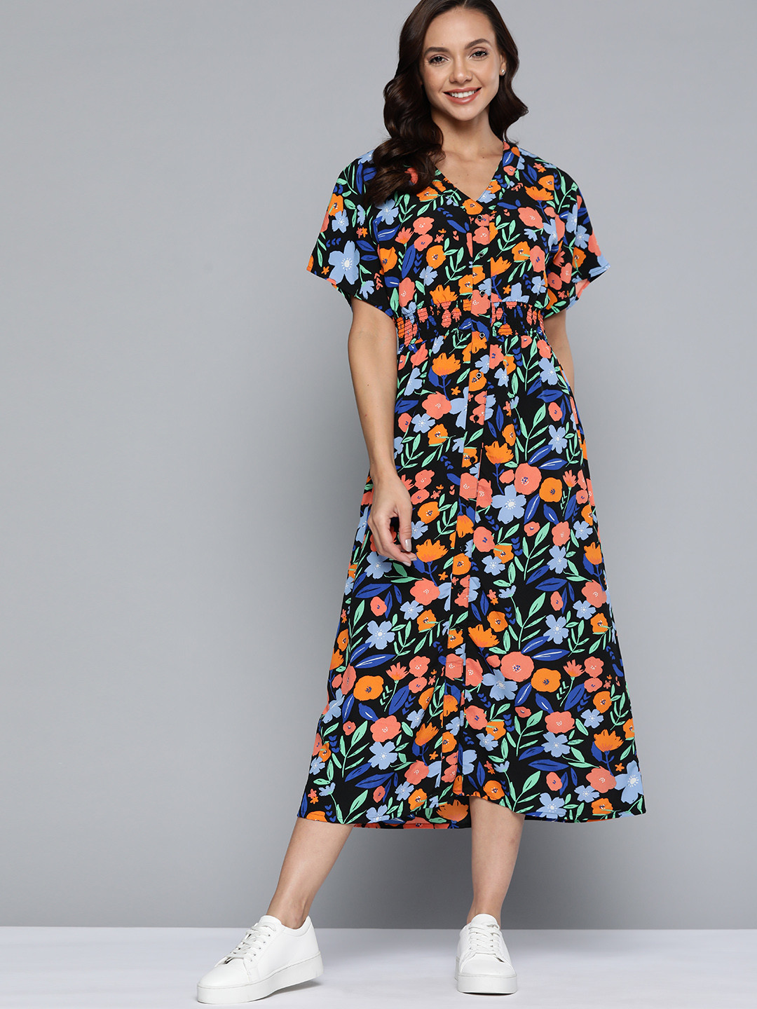 

Mast & Harbour Black & Orange Floral Printed A-Line Midi Dress