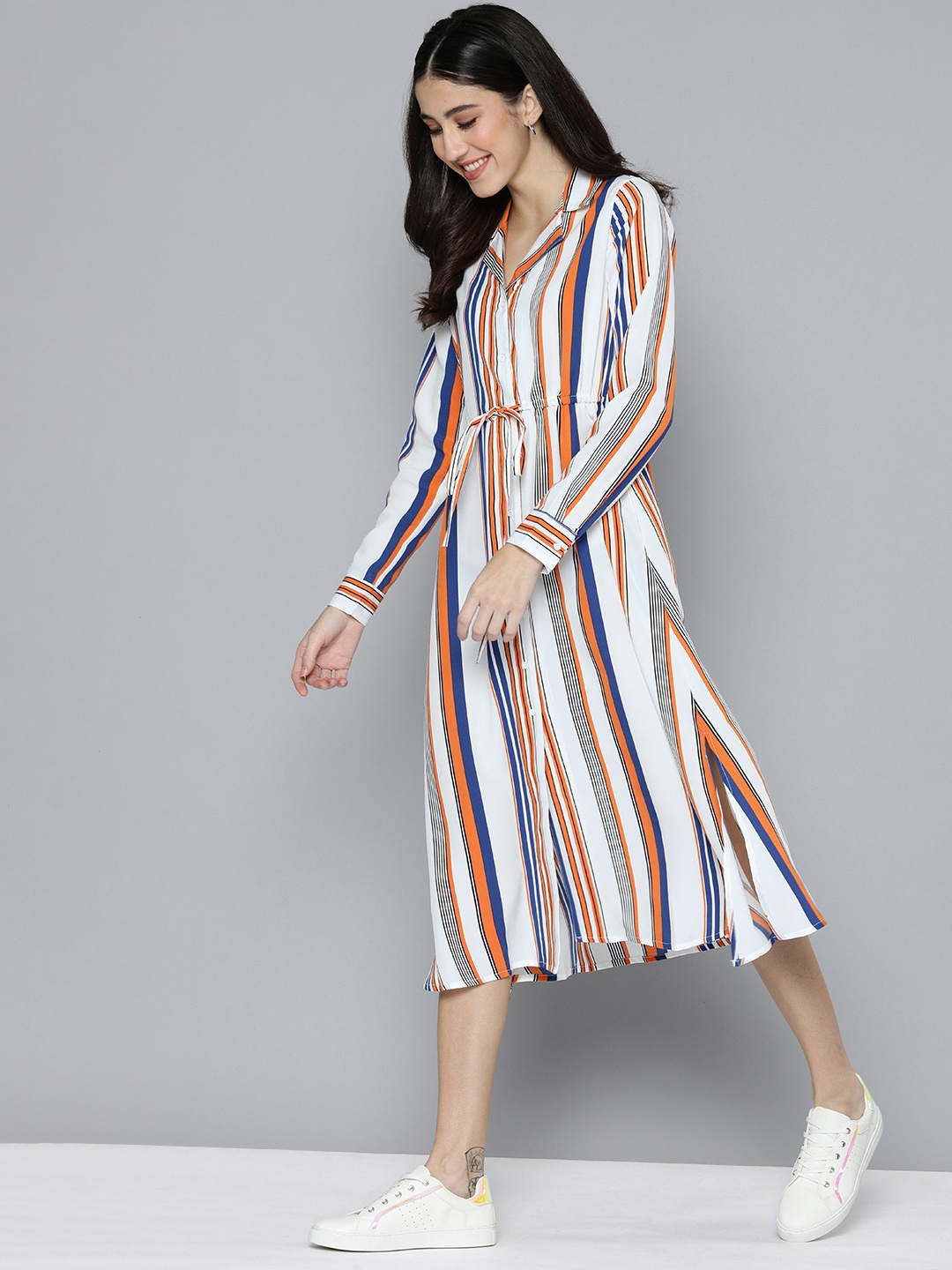 

Mast & Harbour Women White & Blue Striped Shirt Midi Dress
