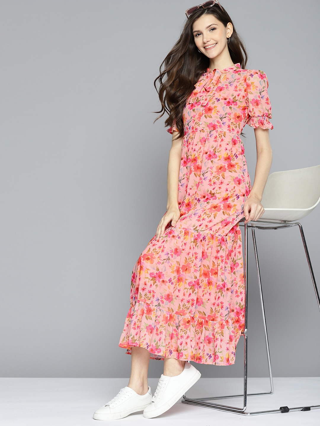 

Mast & Harbour Peach-Coloured & Yellow Floral Tie-Up Neck Maxi Dress with Inner