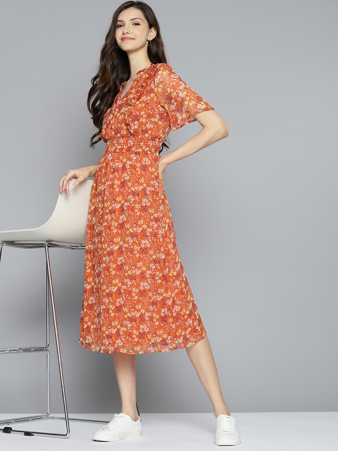 

Mast & Harbour Rust Orange & Yellow Floral Print Ruffled A-Line Midi Dress
