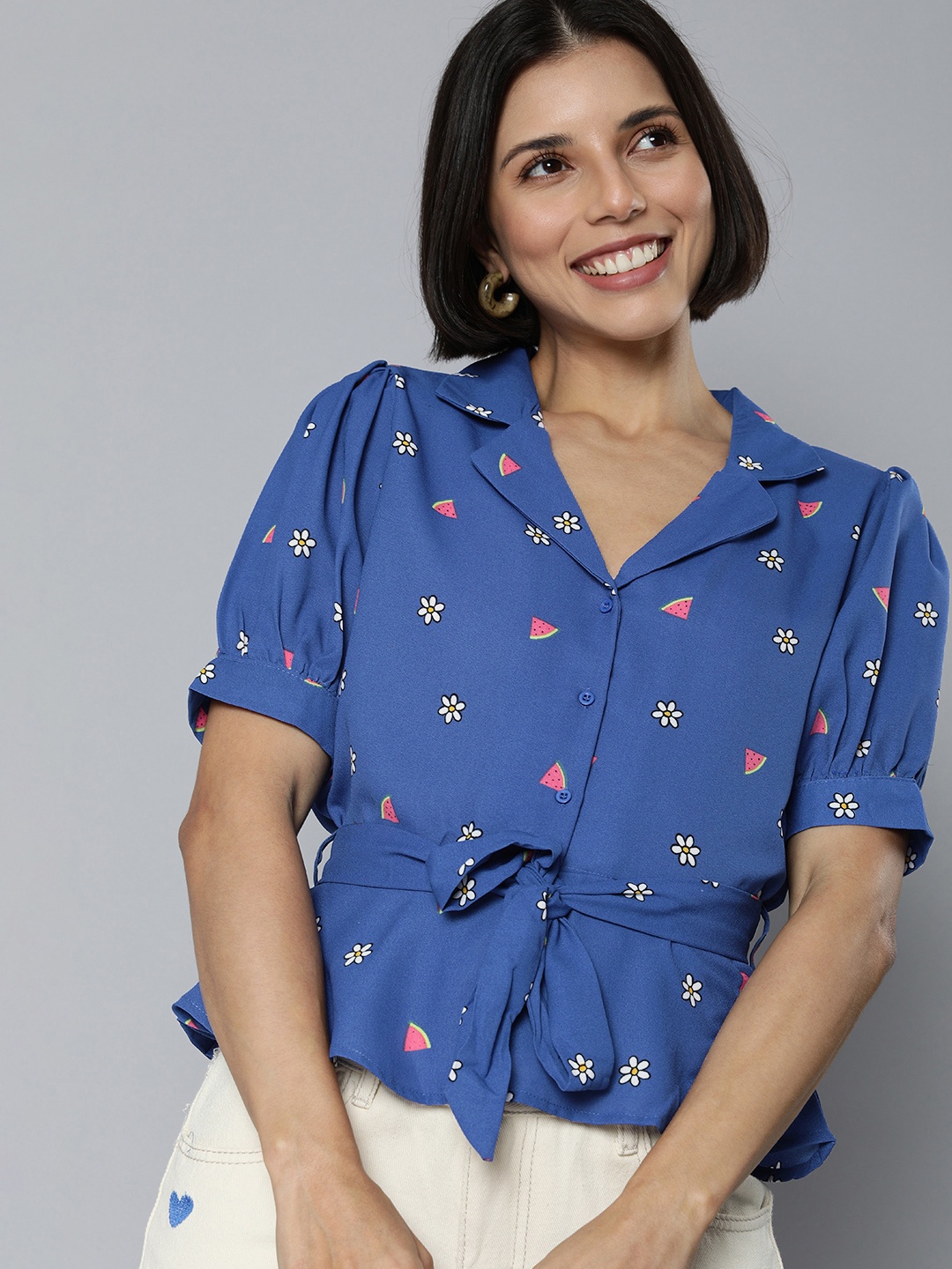 

Mast & Harbour Women Blue Floral Print Casual Peplum Top