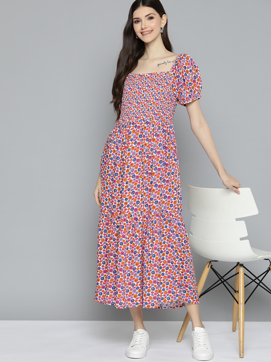

Mast & Harbour Pink & Orange Floral Print Smocked A-Line Dress