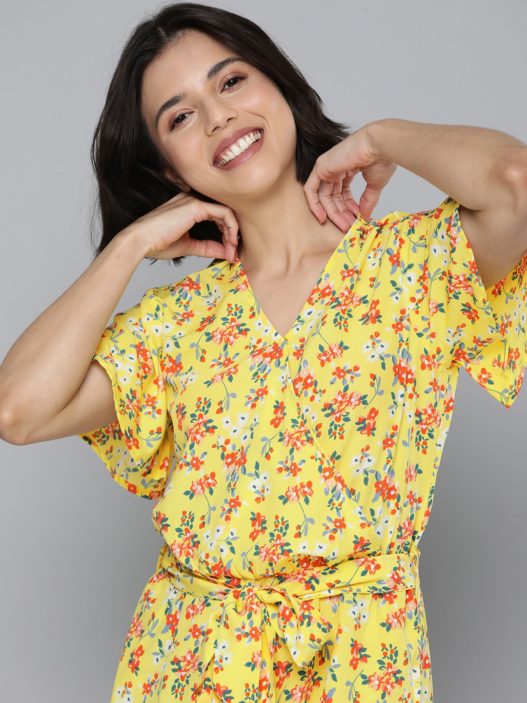 

Mast & Harbour Women Yellow & Orange Printed Jumpsuit With Waist Tie-ups
