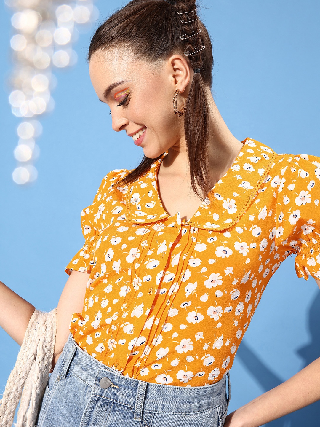 

Mast & Harbour Yellow Floral Statement Collar Top