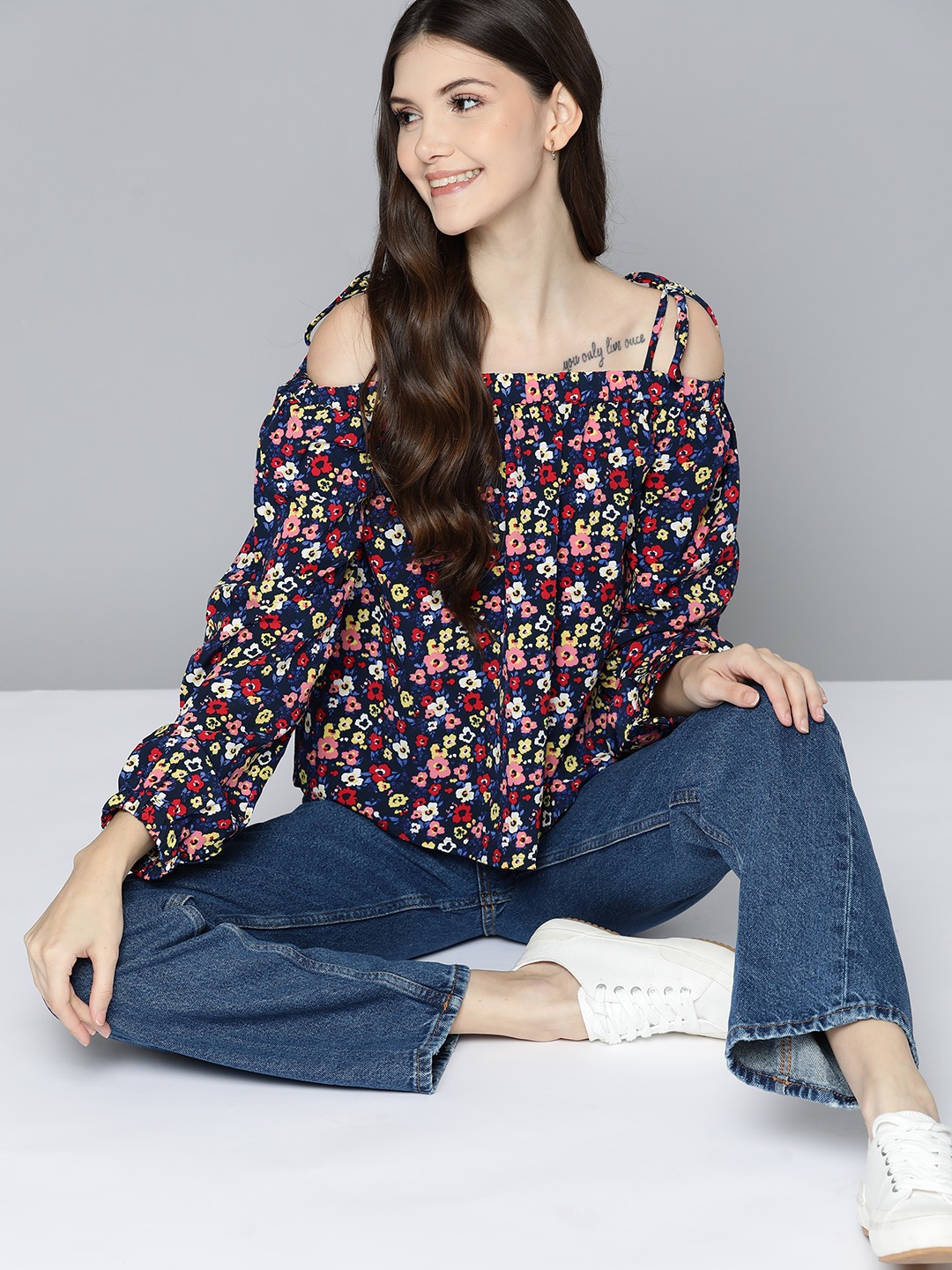 

Mast & Harbour Navy Blue & Red Floral Print Off-Shoulder Bardot Top