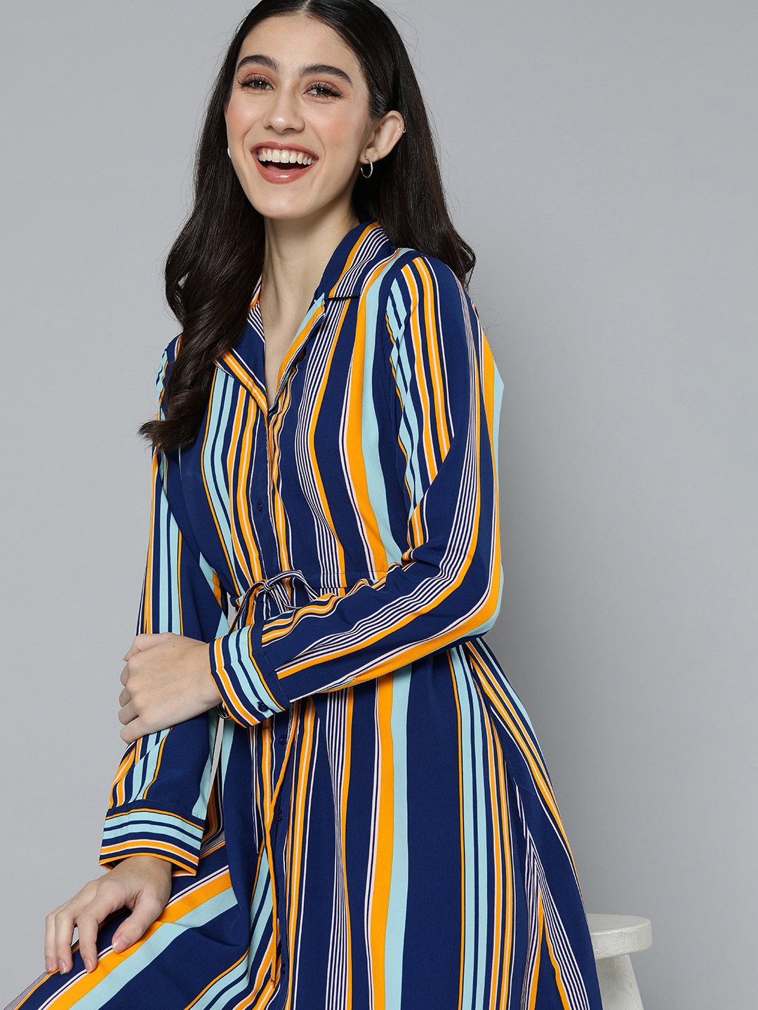 

Mast & Harbour Women Blue & Mustard Yellow Striped Shirt Midi Dress