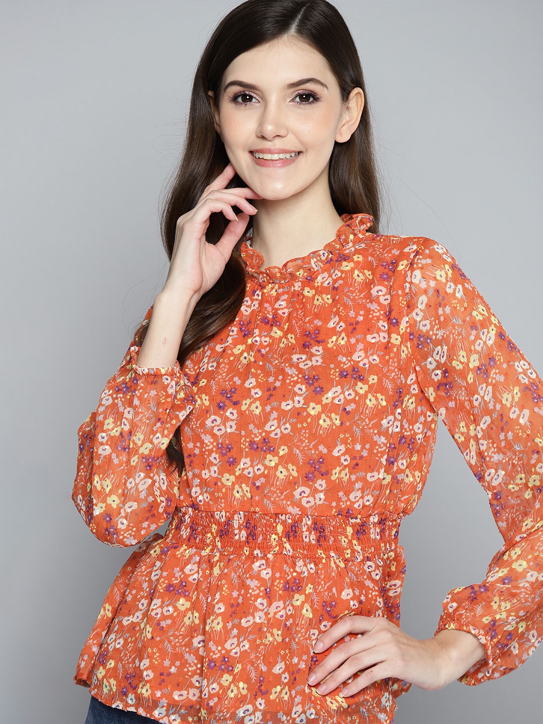 

Mast & Harbour Rust Orange & Yellow Floral Print Ruffles Smocked Top