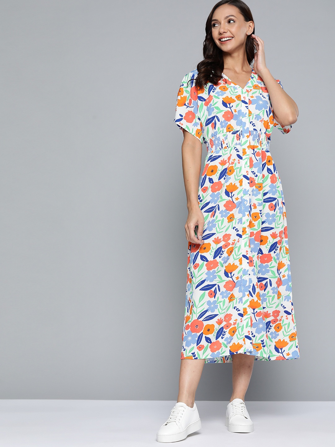 

Mast & Harbour White & Blue Floral Printed A-Line Midi Dress