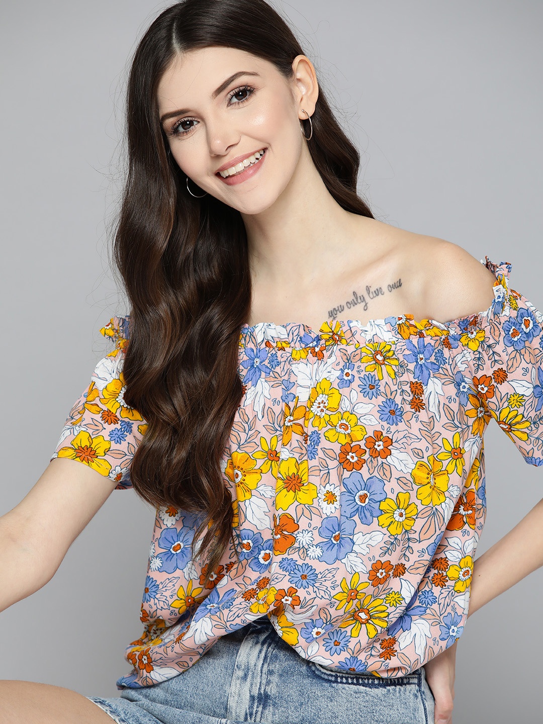 

Mast & Harbour Mustard Yellow & Blue Floral Print Off-Shoulder Bardot Top