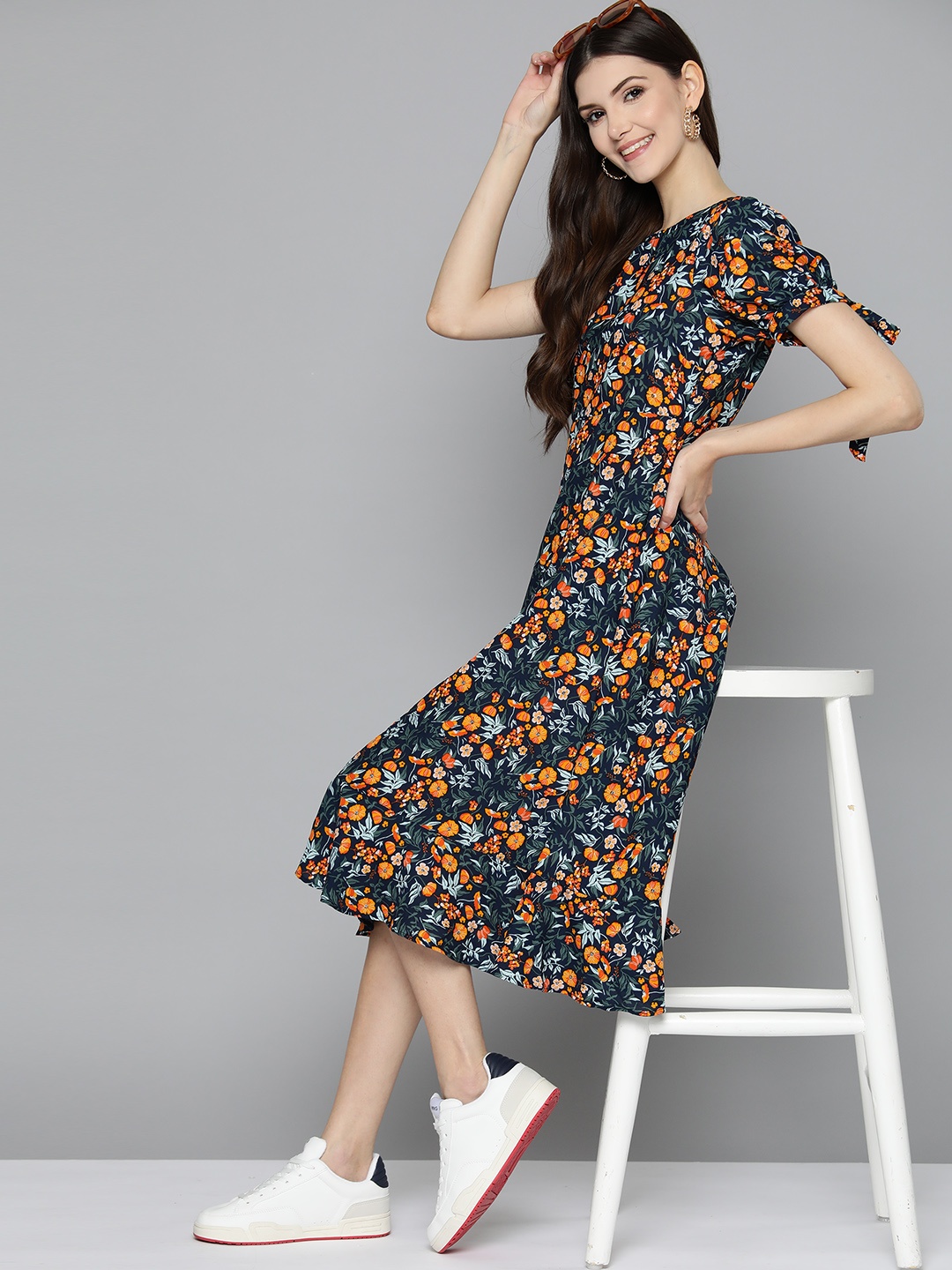 

Mast & Harbour Navy Blue & Orange Floral A-Line Midi Dress