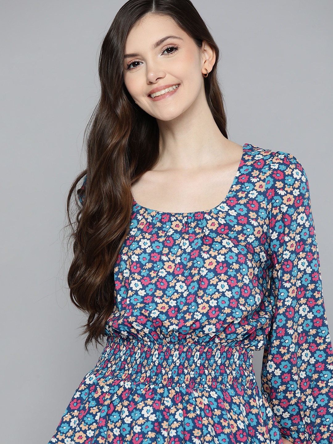 

Mast & Harbour Women Navy Blue & Beige Floral Print Cinched Waist Top