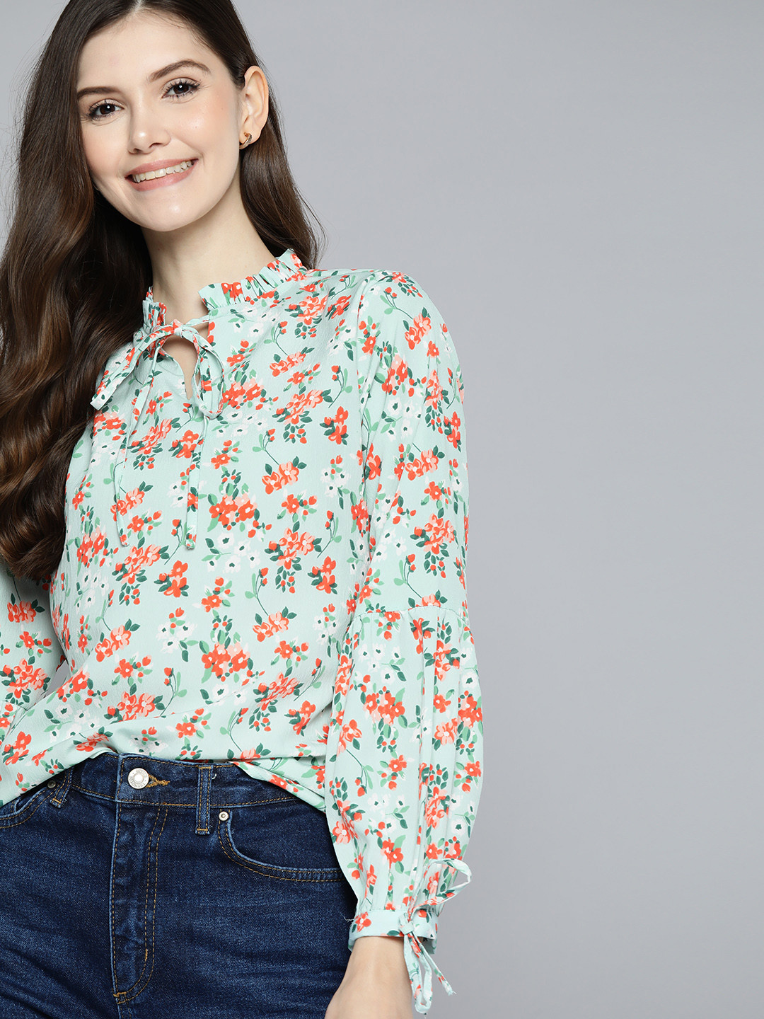 

Mast & Harbour Turquoise Blue & Orange Floral Print Tie-Up Neck Regular Top