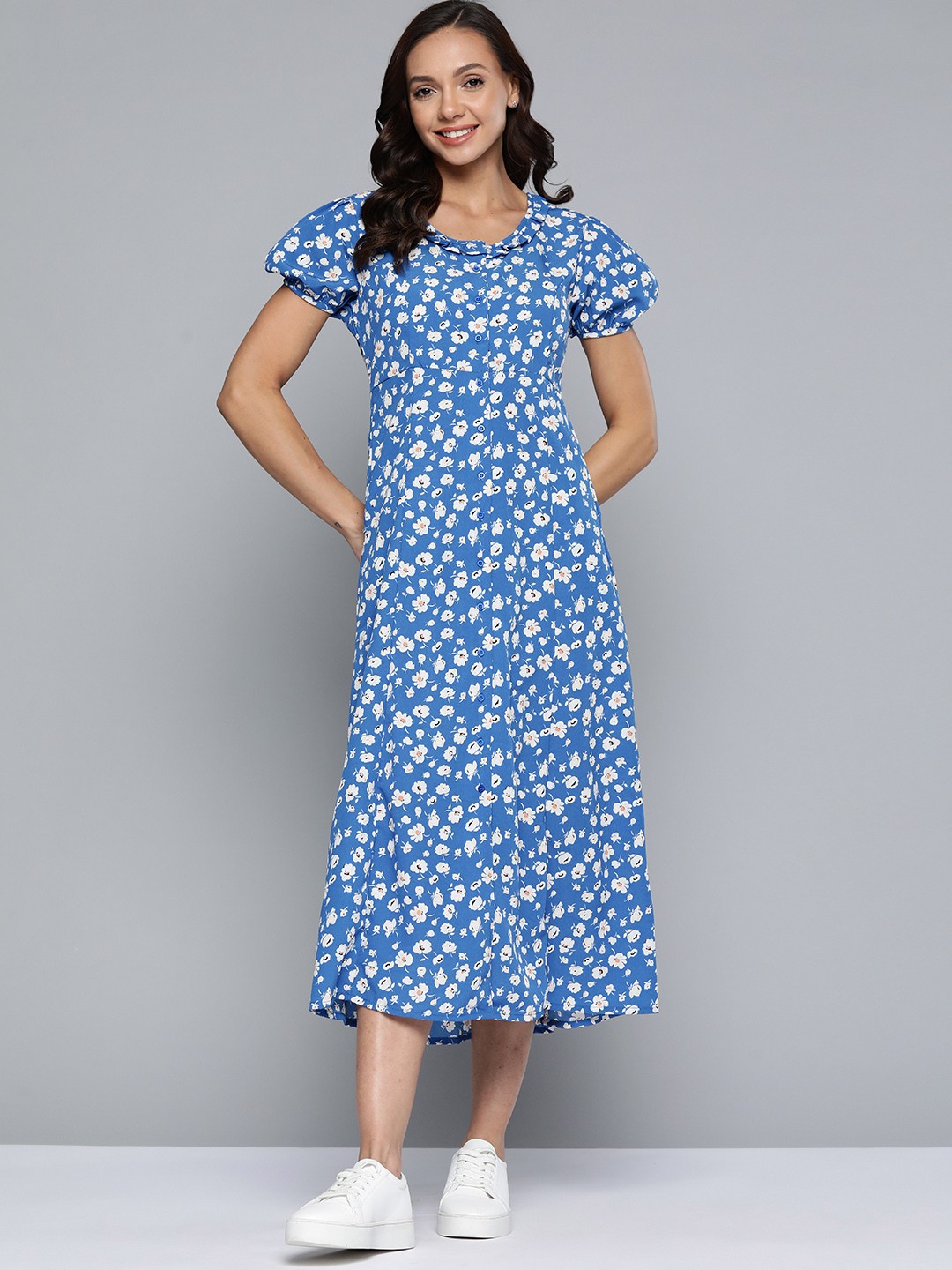 

Mast & Harbour Blue & White Floral Printed A-Line Midi Dress