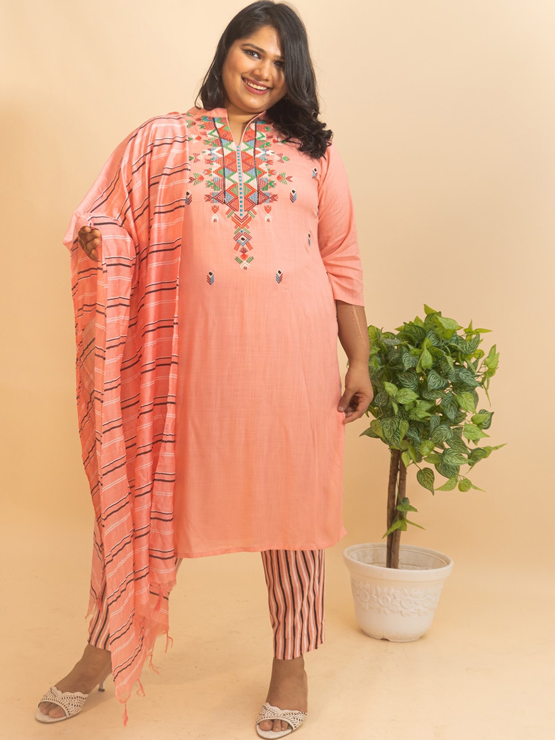 

Bani Women Plus Size Peach-Coloured Floral Printed Liva Kurta With Trousers & Dupatta