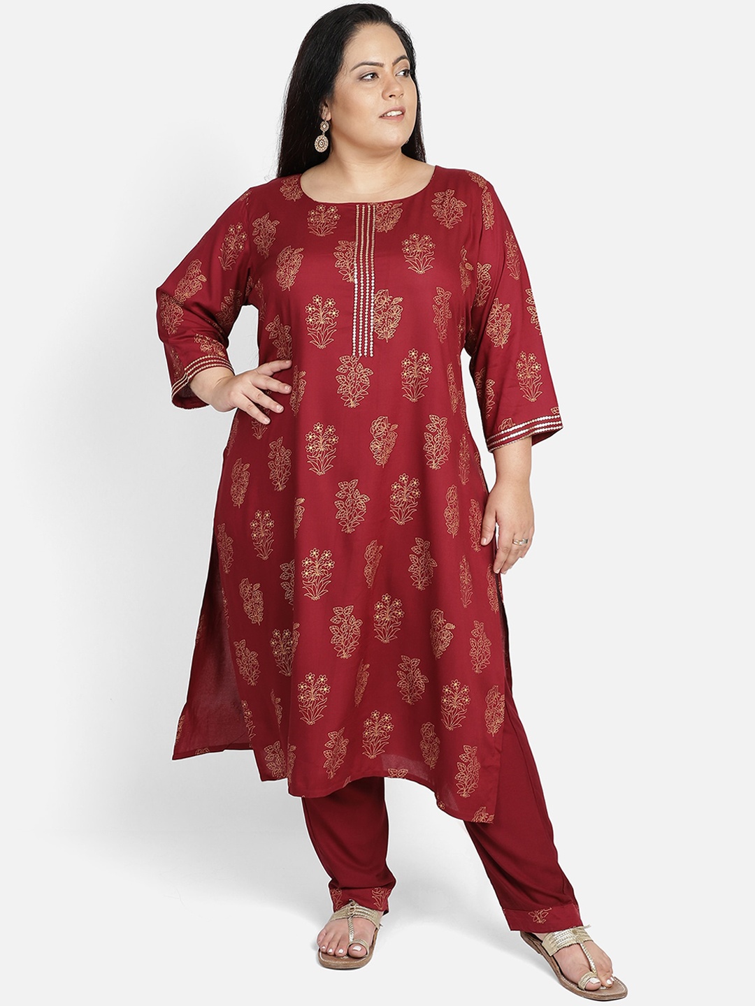 

Bani Women Plus Size Maroon Ethnic Motifs Printed Liva Kurta with Churidar