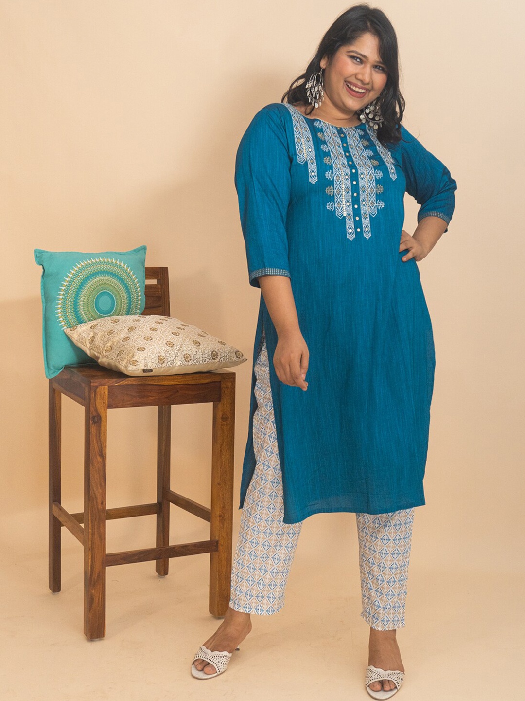 

Bani Women Plus Size Blue Ethnic Motifs Printed Liva Kurta With Trousers & Dupatta
