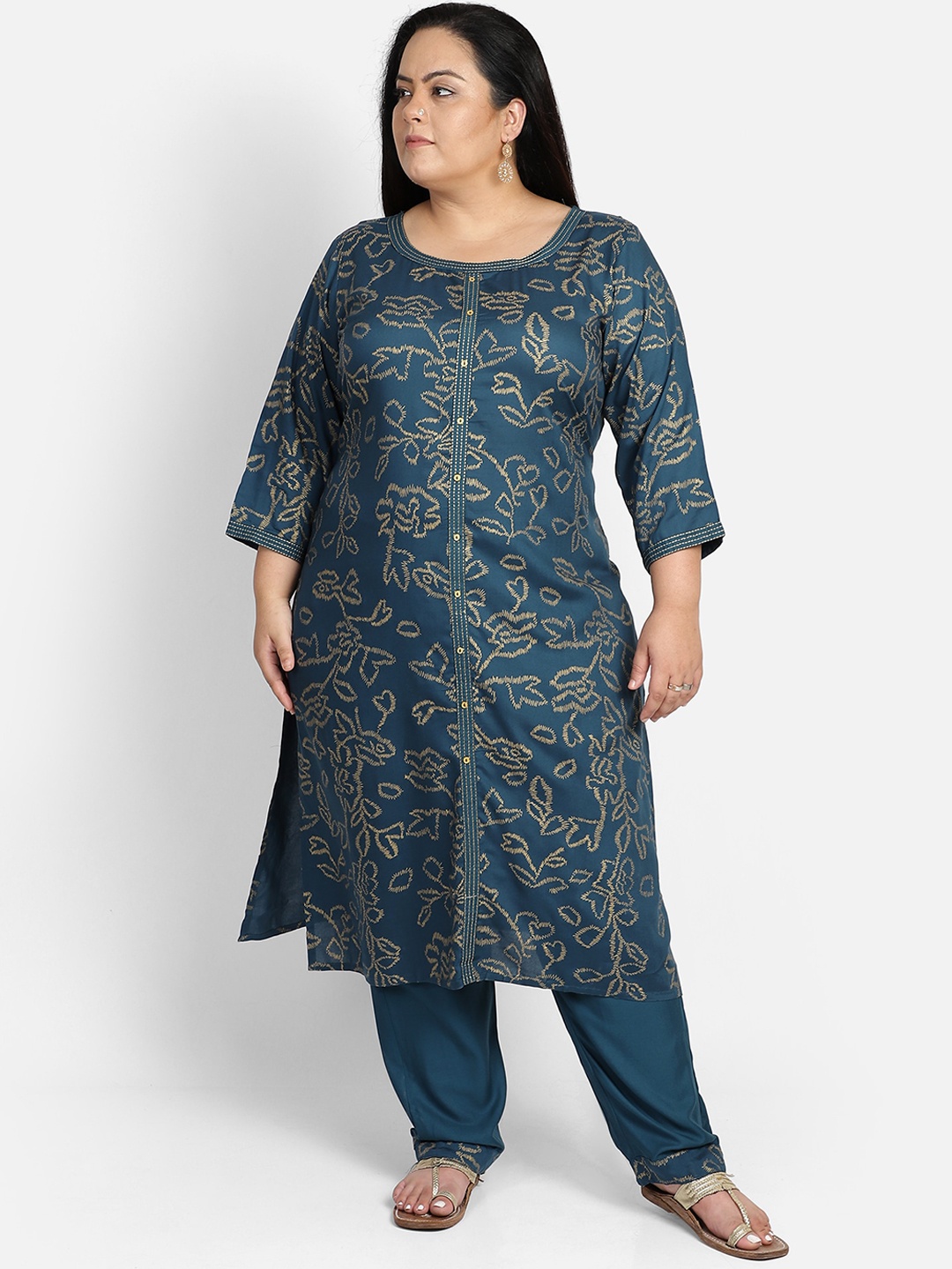 

Bani Plus Size Turquoise Blue Floral Embroidered Liva Kurta with Salwar