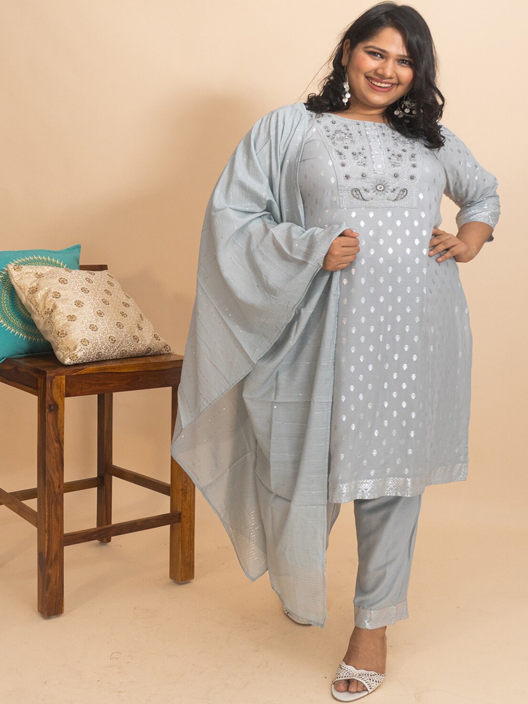 

Bani Women Plus Size Grey Ethnic Motifs Embroidered Liva Kurta with Salwar & With Dupatta