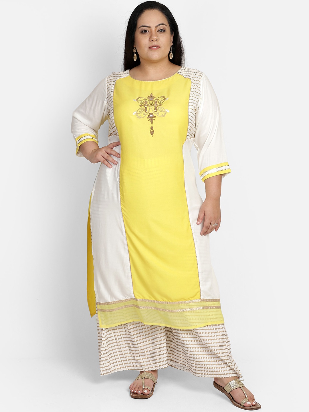 

Bani Plus Size Yellow & White Thread Work Liva Kurta
