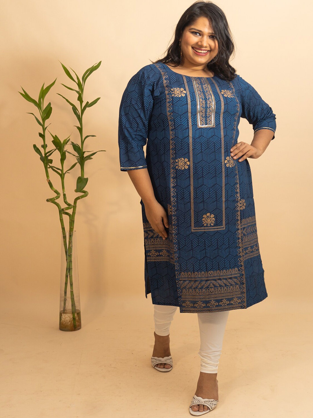 

Bani Women Plus Size Navy Blue Ethnic Motifs Printed Liva Kurta